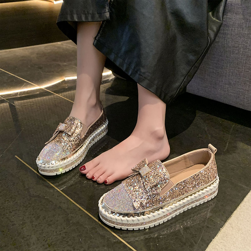 Luxury Designer Shoes Ladies Flat Sequined Sneakers Casual Women's Mesh bow Fine Diamond Sequins Platform Vulcanized Shoes High quality flat shoe