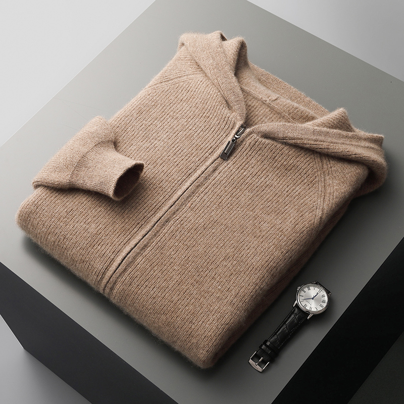 Autumn And Winter New Men's 100% Merino Wool Hooded Zipper Cardigan Knitted Coat Thick Sweater Casual Plus Size Warm Shirt
