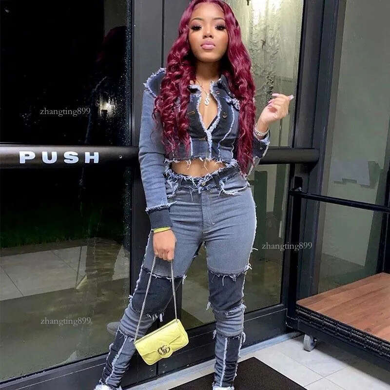 Women's Tracksuits 2 Piece Club Outfits Matching Sets Blue Denim Jeans Suit Long Sleeve Jacket Crop Top & Pants Set