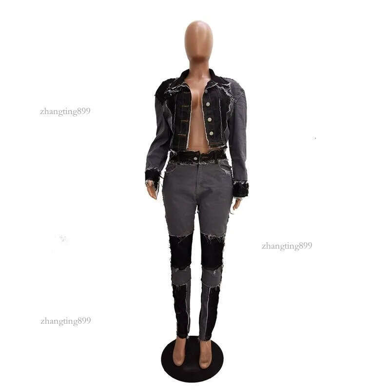 Women's Tracksuits 2 Piece Club Outfits Matching Sets Blue Denim Jeans Suit Long Sleeve Jacket Crop Top & Pants Set