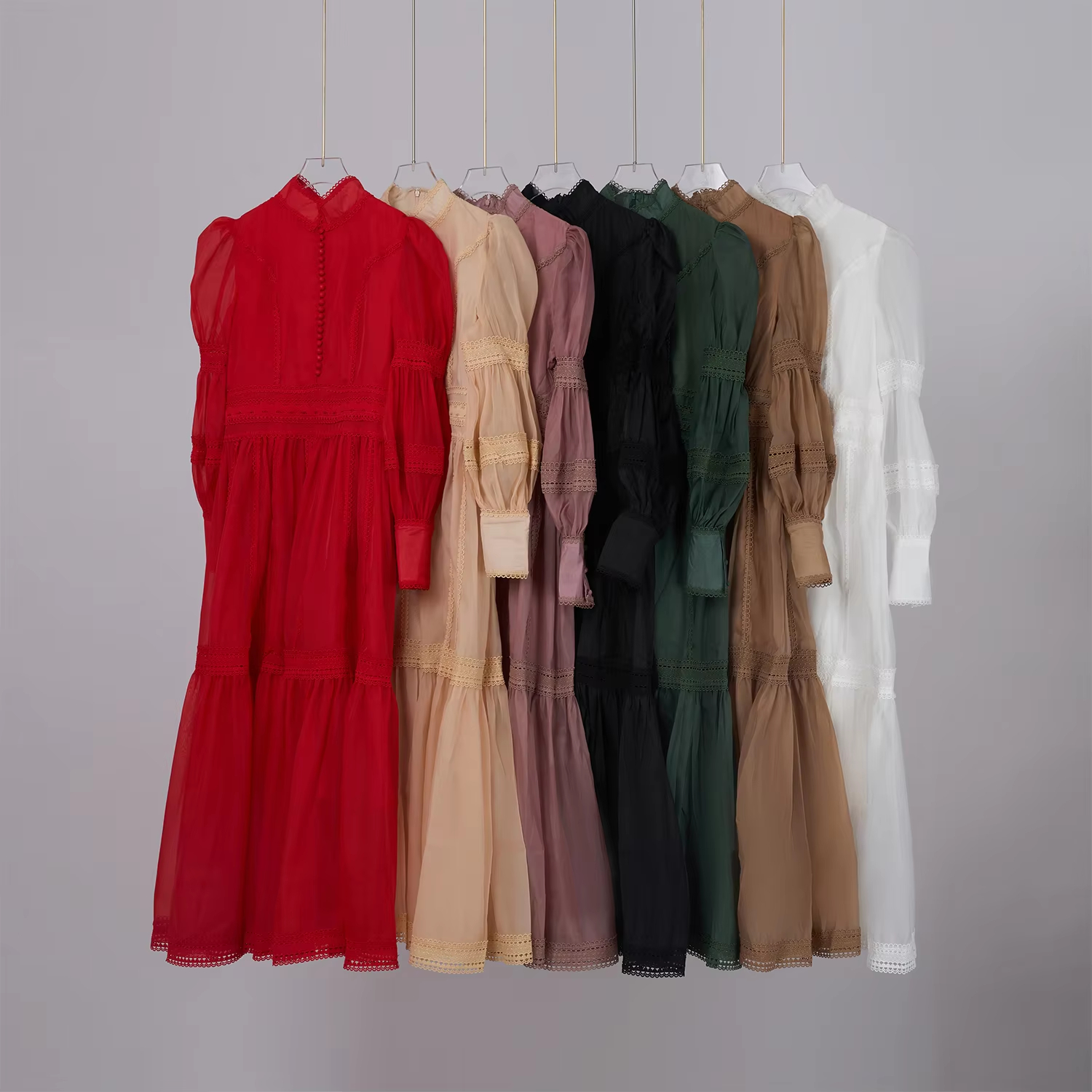 Basic Casual Dresses Autumn Holiday Flower Embroidery Lace Spliced Long Dresses Womens Stand Lantern Sleeve Hollow Out Mesh Evening Party Vestidos
