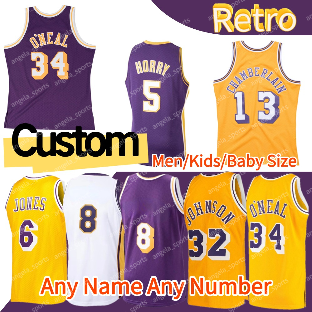 Retro Custom ONeal James Rambis Johnson Basketball Jersey Kurt Rambis Ed Jones Chamberlain West Van Exel Elgin Baylor Rick Fox Gasol Basketball Jerseys Baby Size