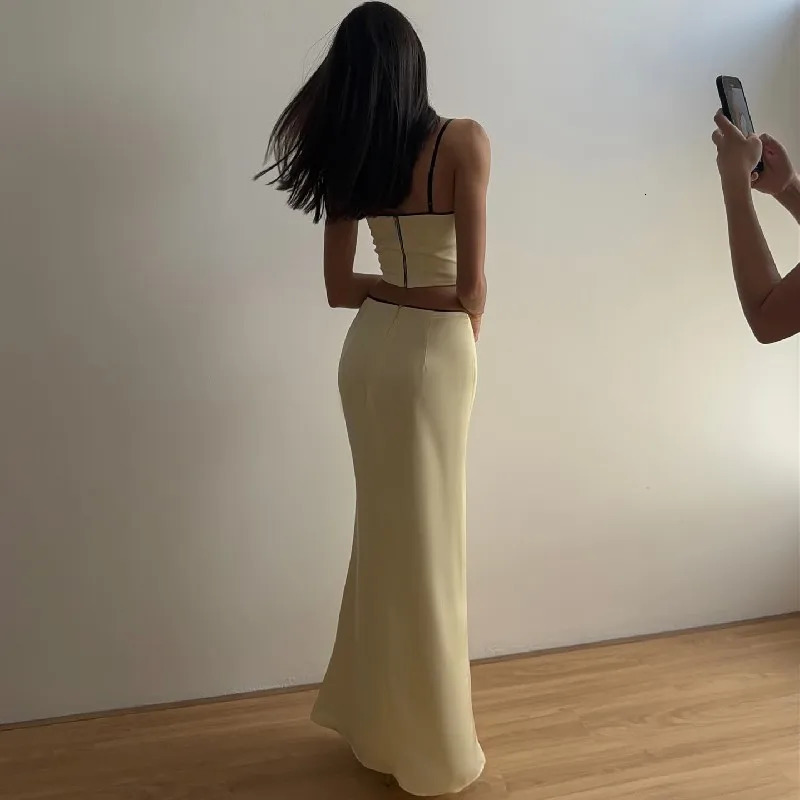 WhereMery Temperament Short Set Womens Two Piece Bow Yellow Slim Fit and Beautiful Suspended Tank Top Long Skirt 240423