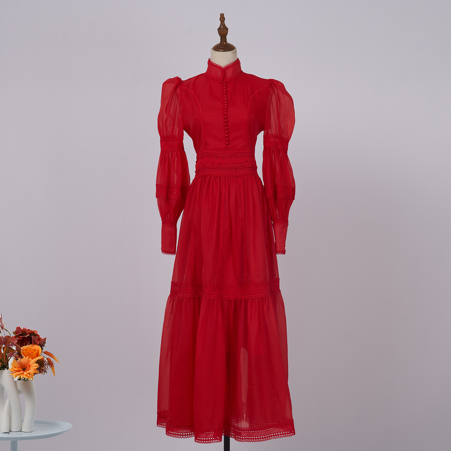 Basic Casual Dresses Autumn Holiday Flower Embroidery Lace Spliced Long Dresses Womens Stand Lantern Sleeve Hollow Out Mesh Evening Party Vestidos