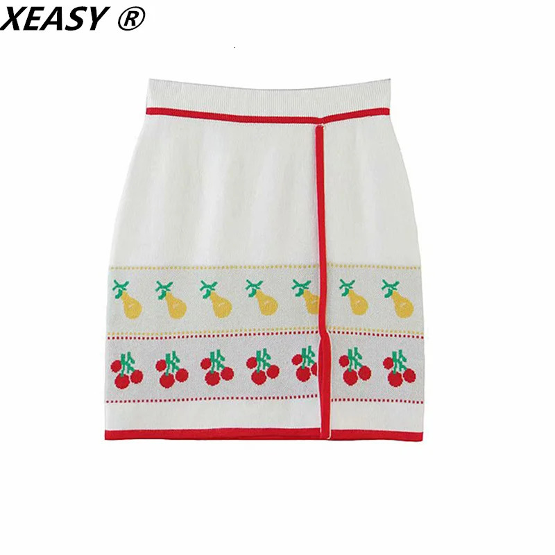 XEASY Women Suit Summer Fashion Knitting Cherry Short Sleeve Top Vintage Female High Waist Split Fork Skirt 2Piece Set 240423