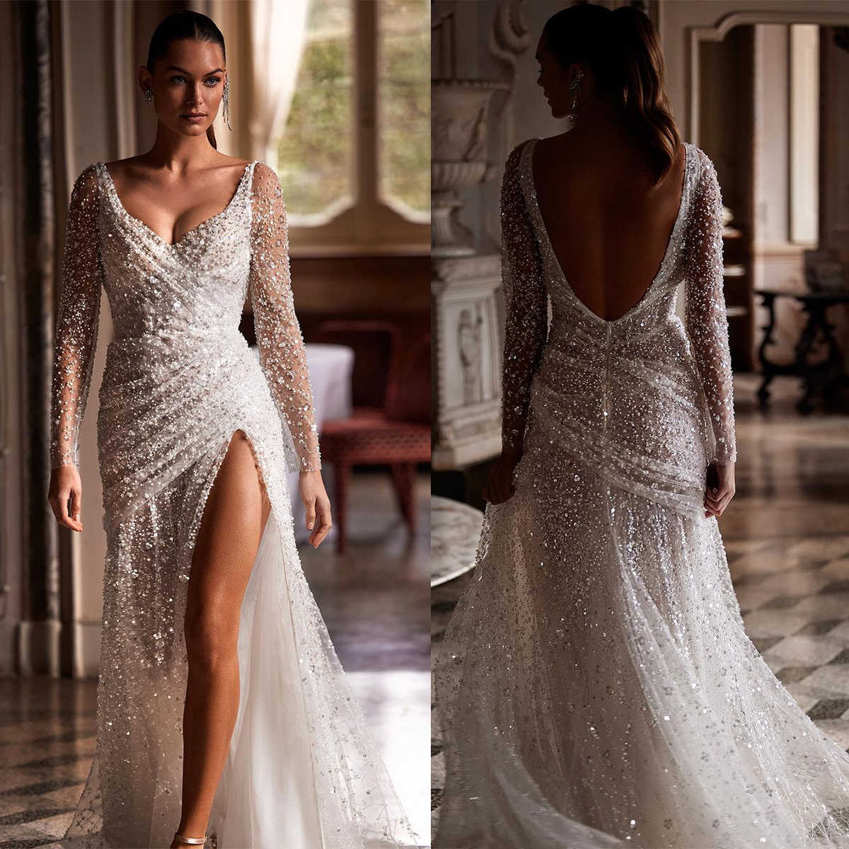 Ful Wedding Dresses Sequins Pearls Mermaid Bridal Gowns Long Sleeve High Split Custom Made Backless Bride Dress Vestidos De Novia 0219