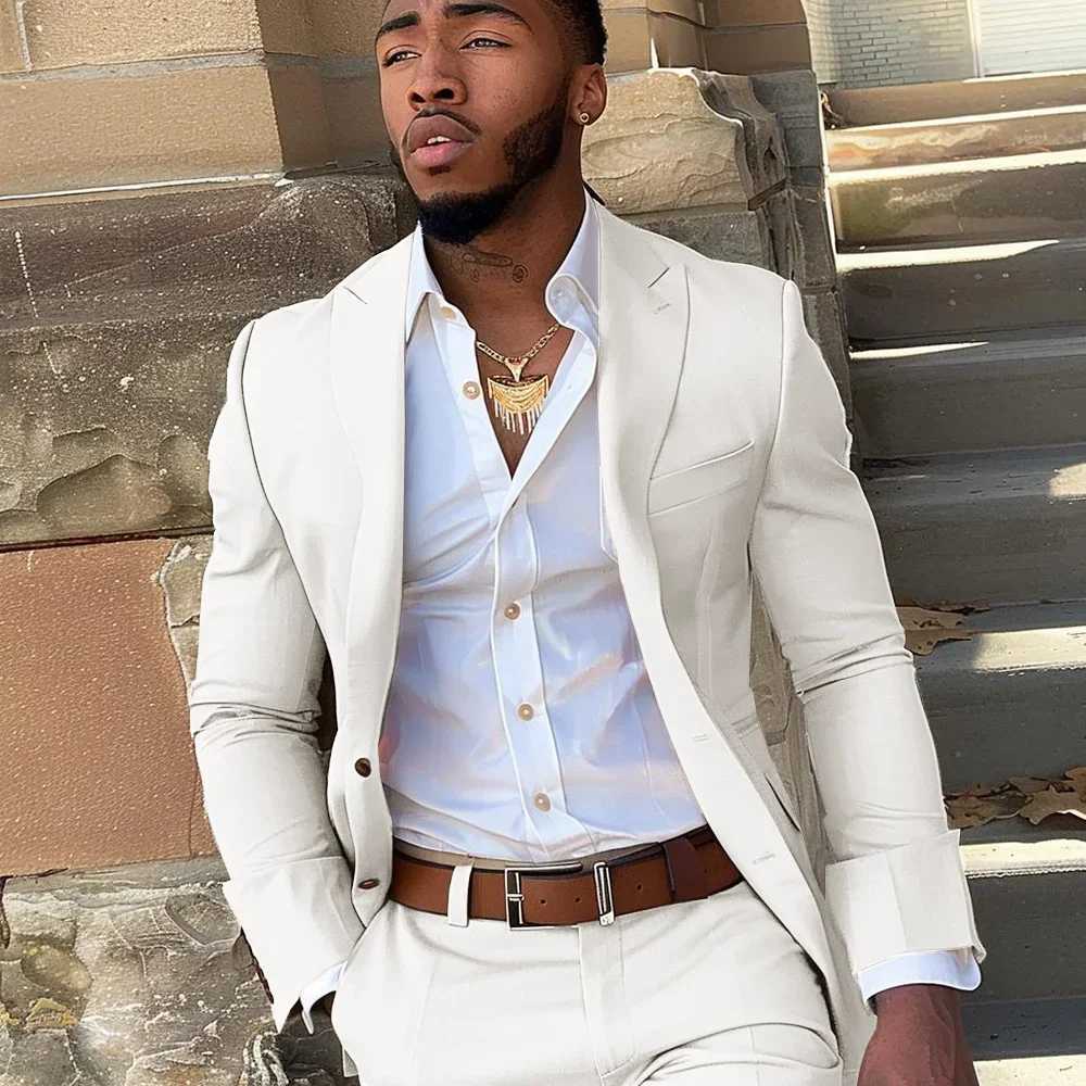 Beige business mens 2-piece set 2-piece set buttoned jacket pants formal grooms tailcoat ultra-thin suitable for Terno Masculino mens wedding dress W2