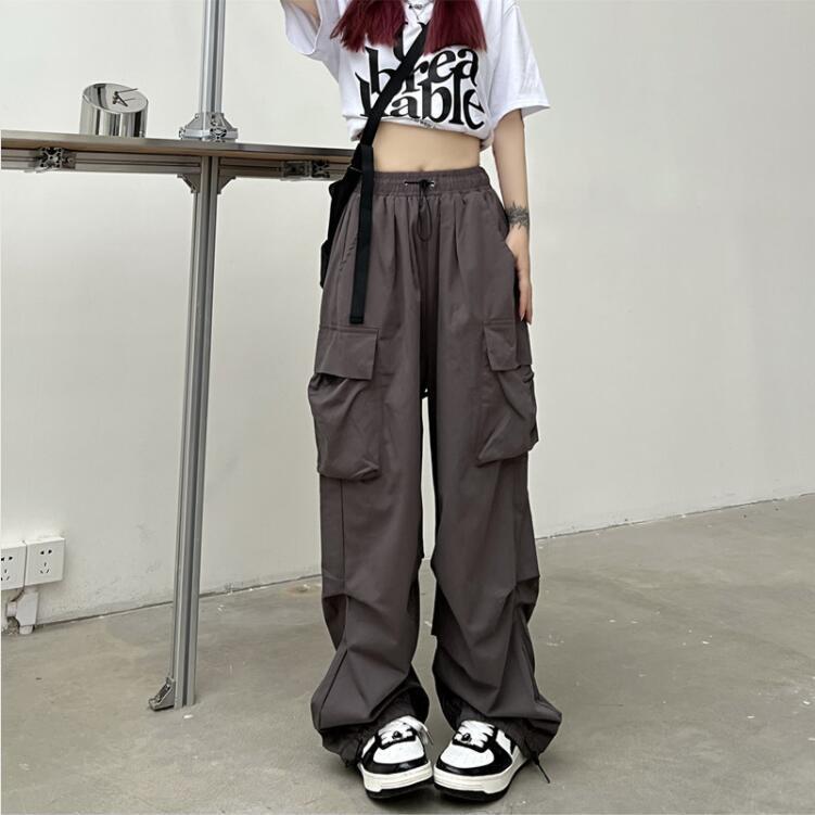 designer cargo pant womens Women Big Pockets Cargo Pants Y2k High Elastic Waist Drawstring Baggy Trousers Vintage Casual Loose Side Zipper Straight Pa