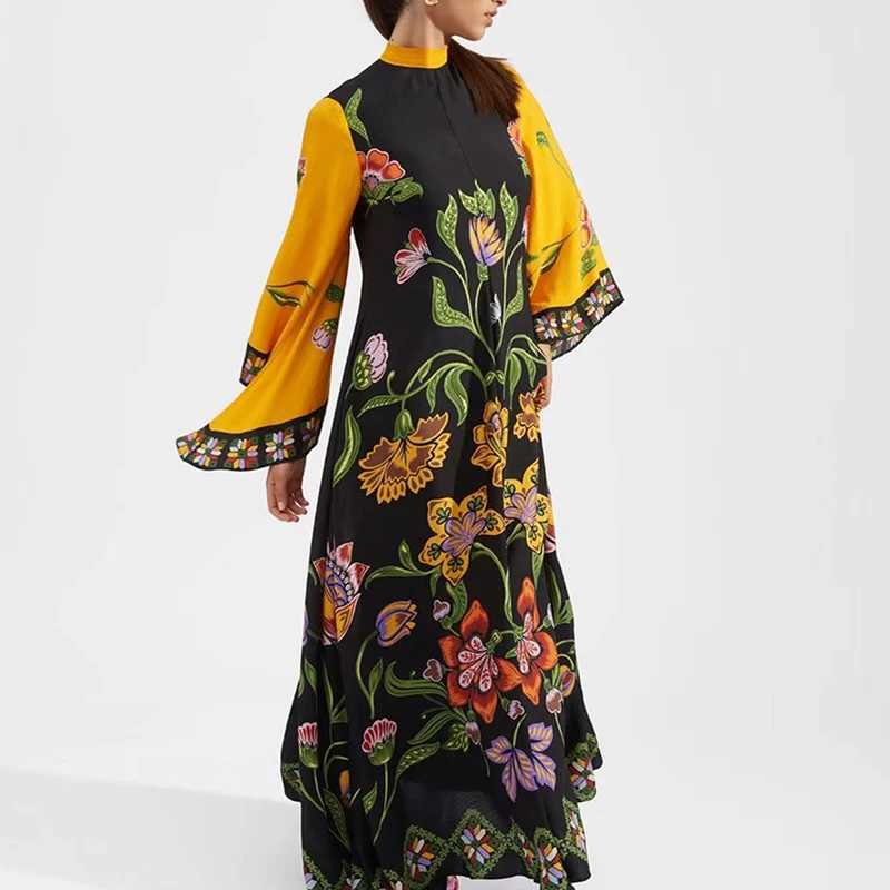 Ethnic retro spring printed Bohemian long dress sexy lace stand up lace party dress autumn long Sve loose womens long dress M241123