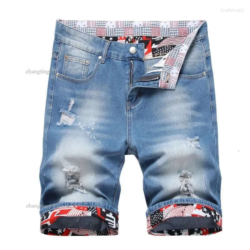 Men's Jeans Men Light Blue Denim Shorts Summer Male Holes Short Man Fashion Ripped Straight Fit Size 42