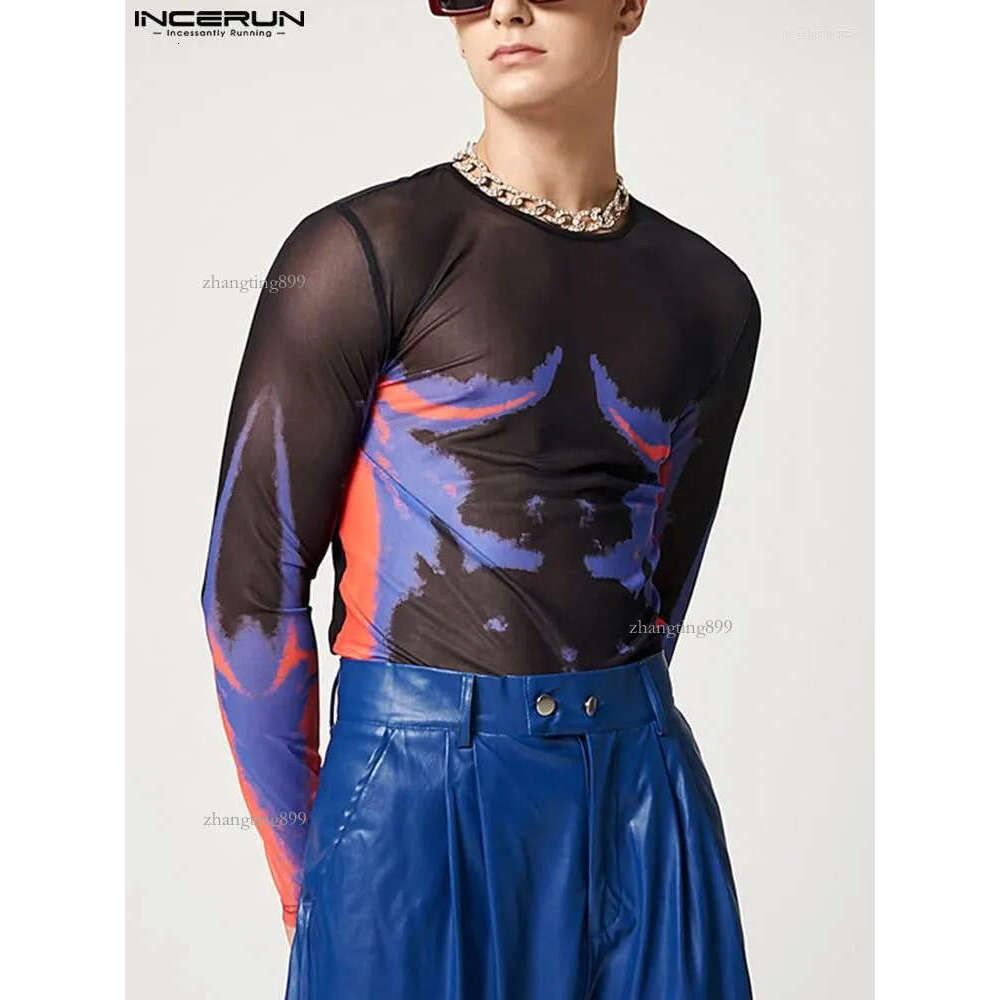 Men's T Shirts 2022 Fashion Men Shirt Printing O-neck Long Sleeve Mesh Transparent Streetwear Casual Camisetas Sexy Undershirt