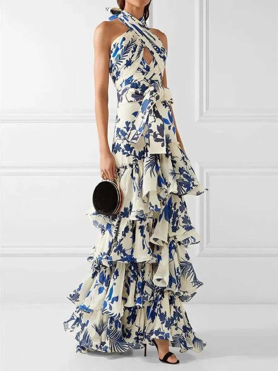 Ele Wens Printed Vestidos Strapless Neck Dress Fem Formally Wearing Aesthetic Layered Hem Party Dress M241123