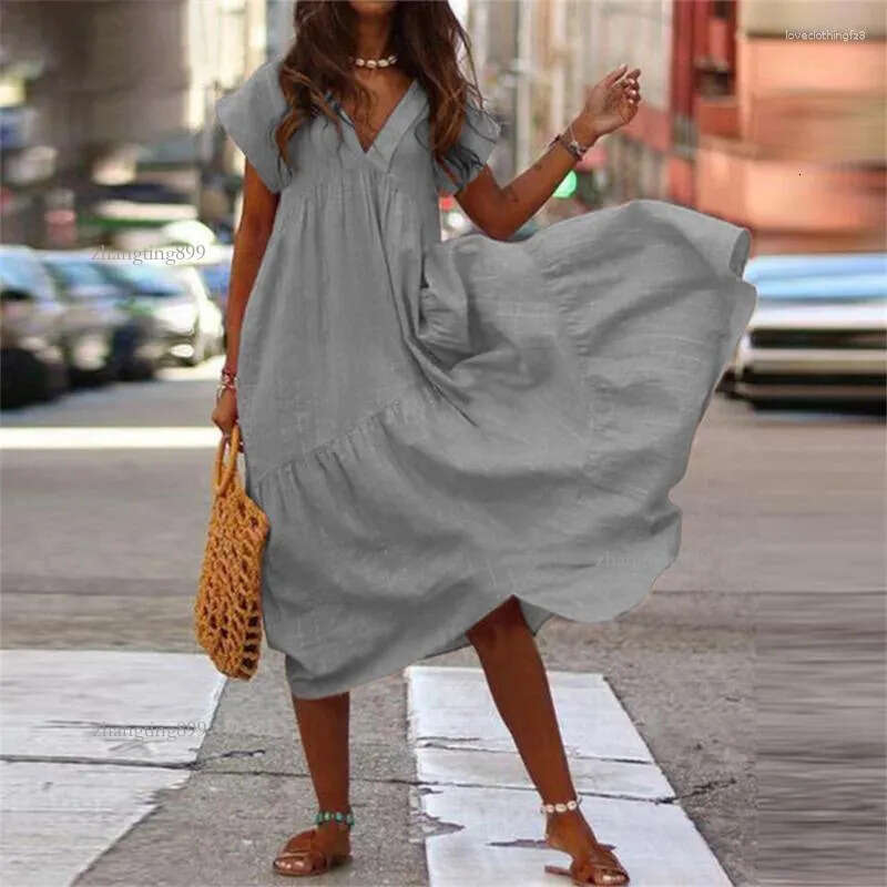 Casual Dresses Large Size Loose V Neck Pullover Cotton Linen Female Summer Short Sleeve Splicing Big Hem Dressy Women Solid Color Gown
