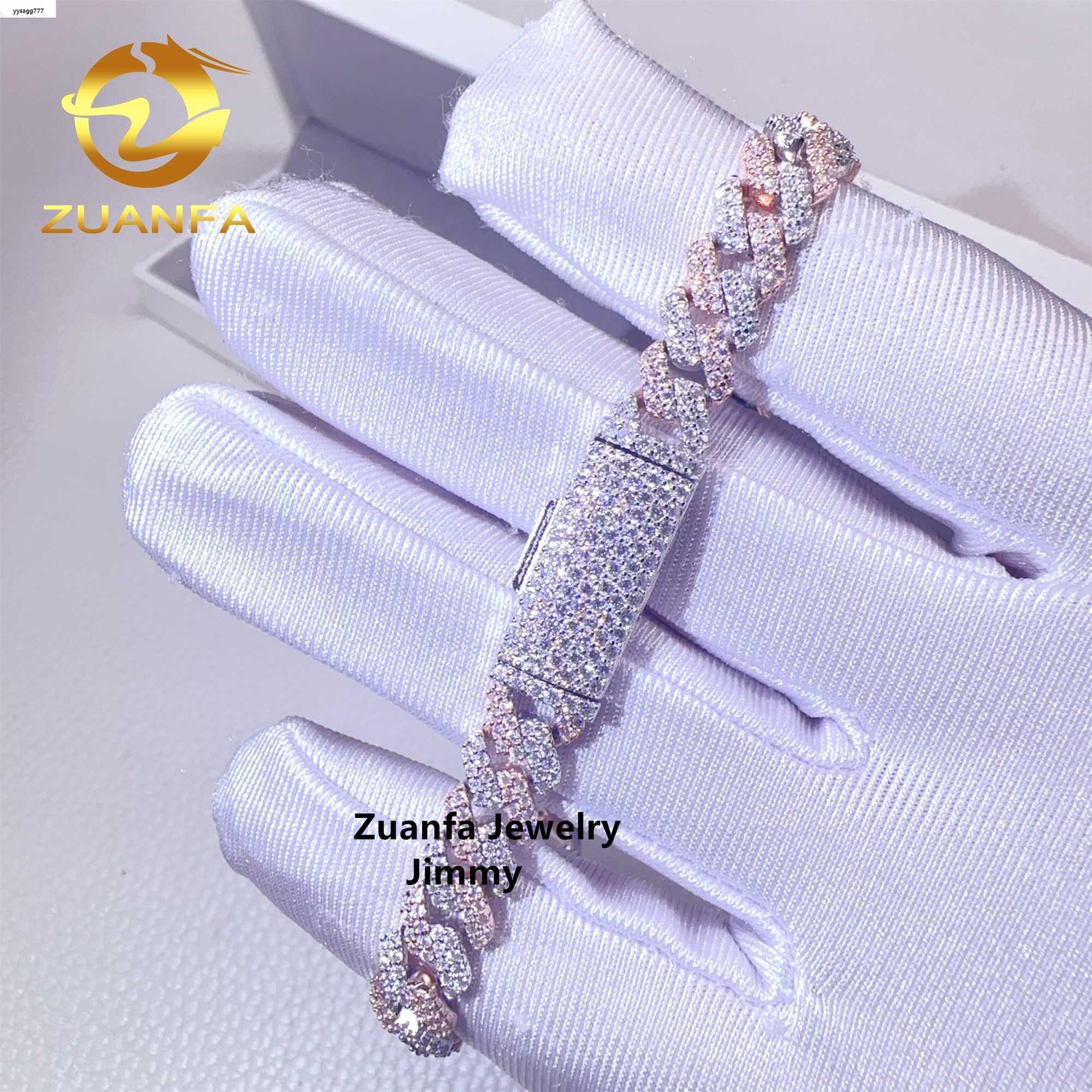 Two Tone Color 8mm 2 Rows 925 Solid Silver Iced Out Hip Hop Jewelry VVS Moissanite Diamond Cuban Link Chain Bracelet Men