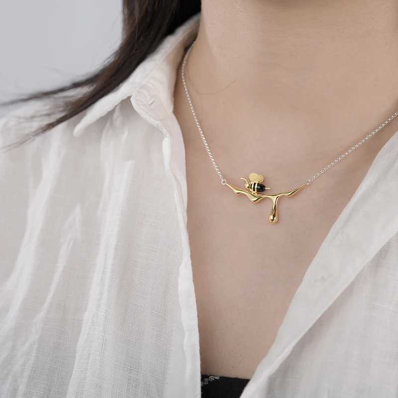 Lotus Fun 18K Gold Bee and Drip Honey Pendant Necklace made of genuine 925 sterling silver with exquisite handmade design for womens jewelry X241123