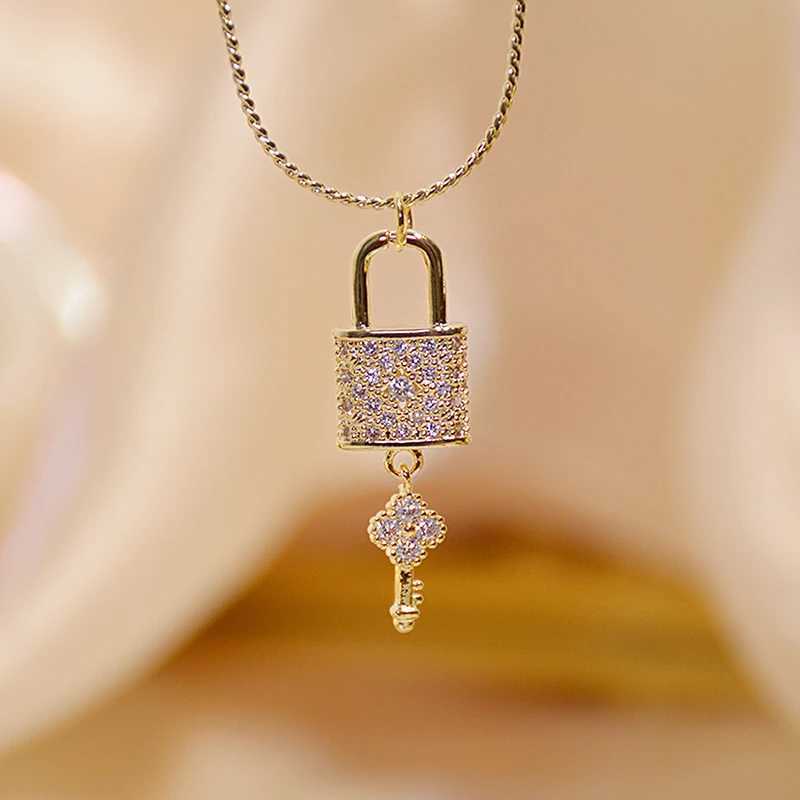 Creative Micro Inlaid CZ lock and key necklace suitable for womens 14K real gold Exquisite AAA zirconia Kolye fashion accessories jewelry X241123