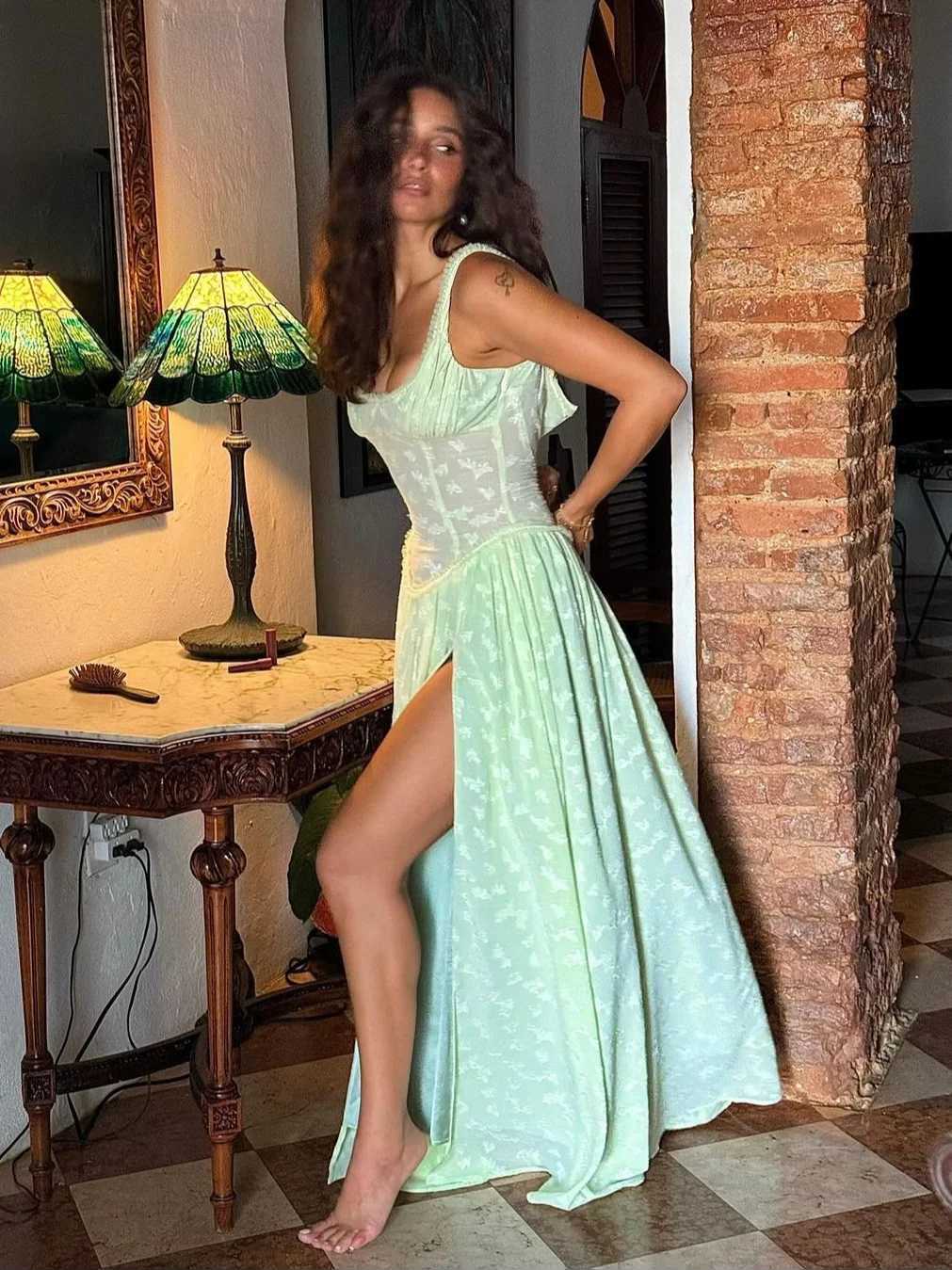 Wen Ele wer Printed Ultra Thin A-line Strap Dress Fashion Square Collar High Waist Dress Womens Party Holiday Dress M241123