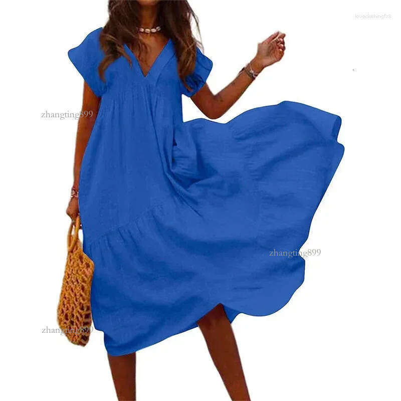 Casual Dresses Large Size Loose V Neck Pullover Cotton Linen Female Summer Short Sleeve Splicing Big Hem Dressy Women Solid Color Gown