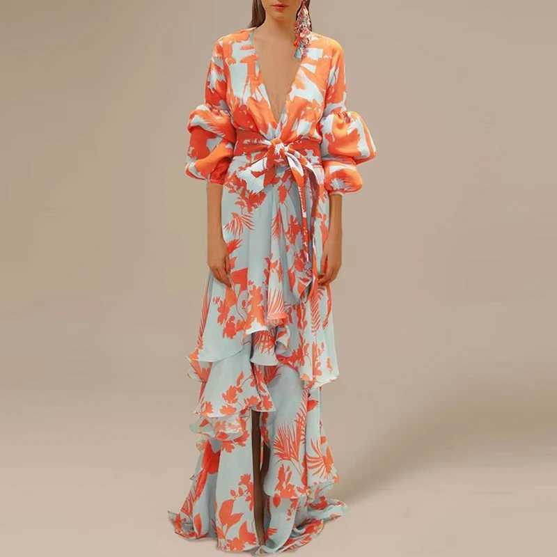 Womens Retro Printed Ruffle Party Dress Ele Deep V-neck Lantern Sve Long Dress Fashion Tie Waist Irregar Bohen Dress M241123