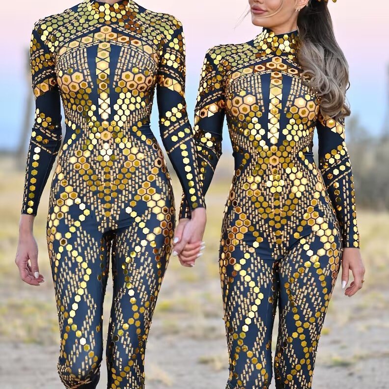 Stage Wear Women's Long Sleeve High Neck Backless Jumpsuit with Gifted Head Cover For Party Water Diamond Sequin Jumpsuit cosplay