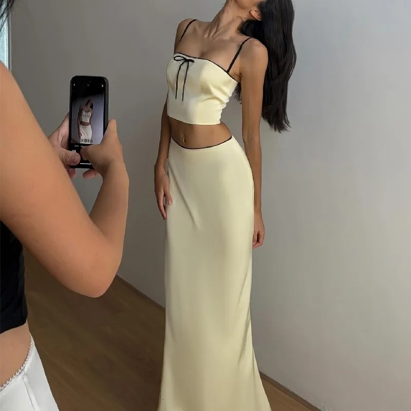 WhereMery Temperament Short Set Womens Two Piece Bow Yellow Slim Fit and Beautiful Suspended Tank Top Long Skirt 240423