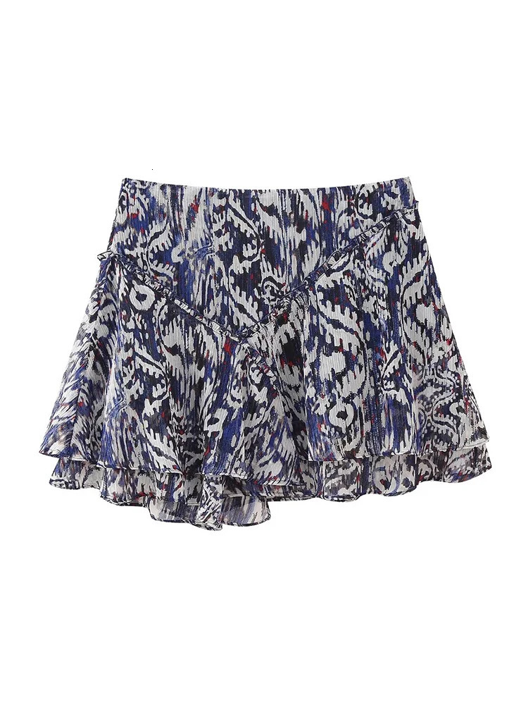 TRAF Summer Print Skirts Sets For Women Fashion Thin 2PCS Vintage Long Sleeved Shirt Tops ALine Mini 240423
