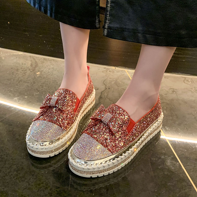 Luxury Designer Shoes Ladies Flat Sequined Sneakers Casual Women's Mesh bow Fine Diamond Sequins Platform Vulcanized Shoes High quality flat shoe