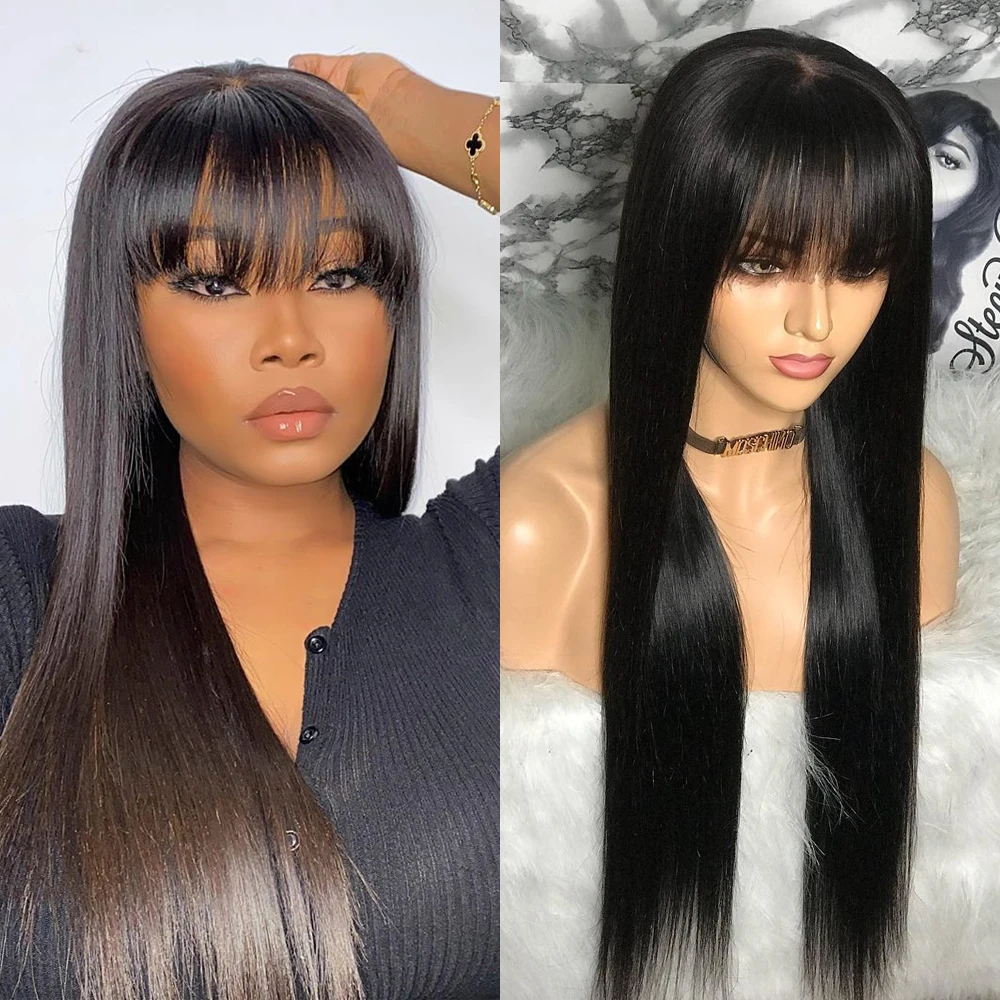 Free shipping 180density Straight with Bangs Middle Part Lace Glueless Wig Human Hair Ready To Wear Brazilian Black Wigs for Women