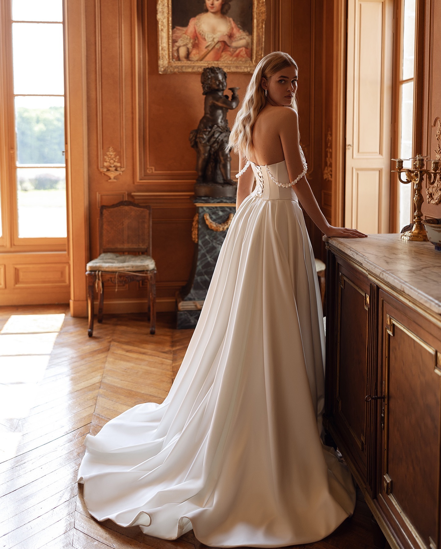 Satin Gorgeous Princess Dresses Bridal Gowns Pearls Off Shoulder Wedding Dress A E Bone Bodice Thigh Split Lace Up Backless Robe De Mariee