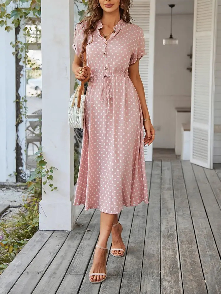 Ladies Polka Dot Print Shirt Dres Casual Midi Holiday Summer Dress Female Loose Women Beach Sundress Robe Vestidos 240416