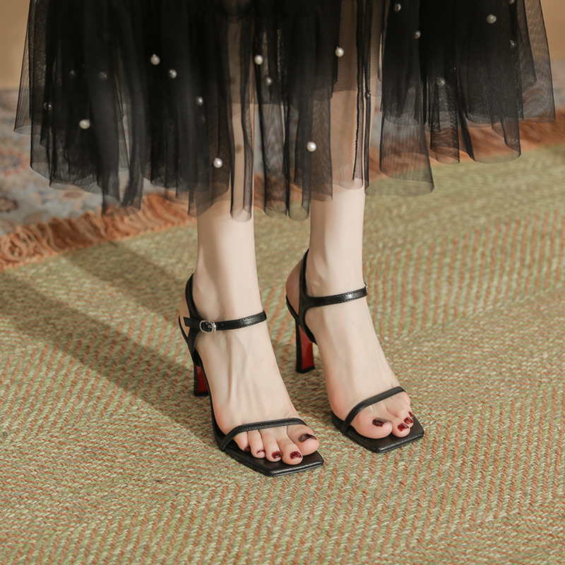 L236 Summer Women's Shoes Strap French Black Simple Square Head Versatile Thin Heel Sandals
