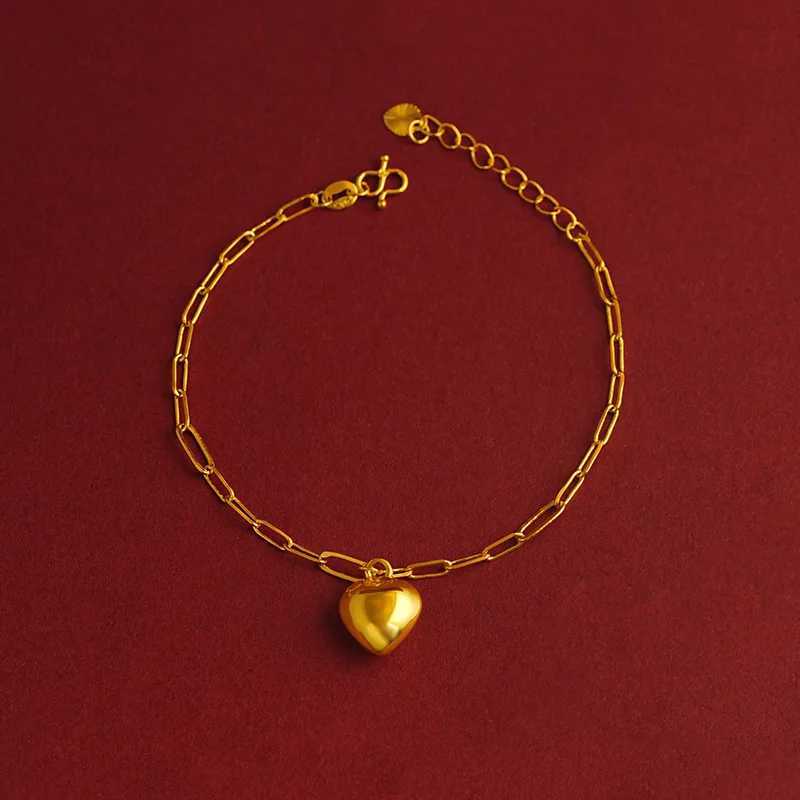24K gold-plated r necklace simple polished heart-shaped hanging chain OL commuting jewelry 999 pure gold bracelet X241123