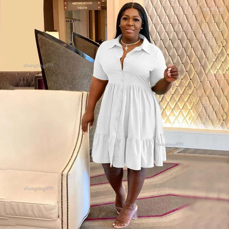 Plus Size Dresses CM. Women Short Sleeve Single Breasted Ruffles Hem Big Swing Smock Shirt Dress 2023 Summer Elegant Orange