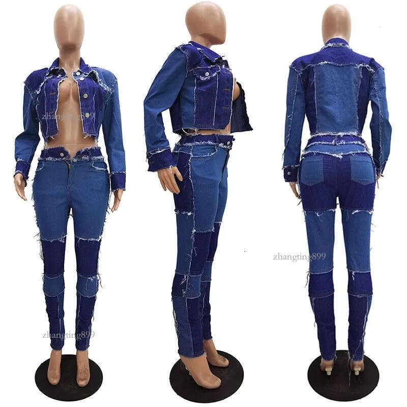 Women's Tracksuits 2 Piece Club Outfits Matching Sets Blue Denim Jeans Suit Long Sleeve Jacket Crop Top & Pants Set