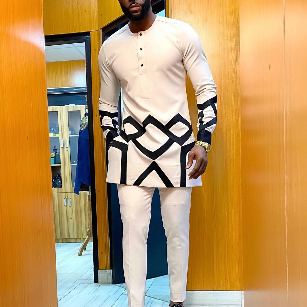 African Traditional Men Suit Printed Shirt Top Elastic Waist Pants White Wedding 2 Piece Set Outfits Ethnic Style Costumes 240409