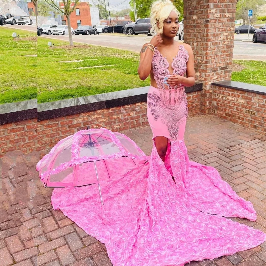 2024 Pink Flowers Mermaid Prom Dress For Black Girls Crystals Rhinestone Beaded Formal Party Gown Vestidos De Gala 0431
