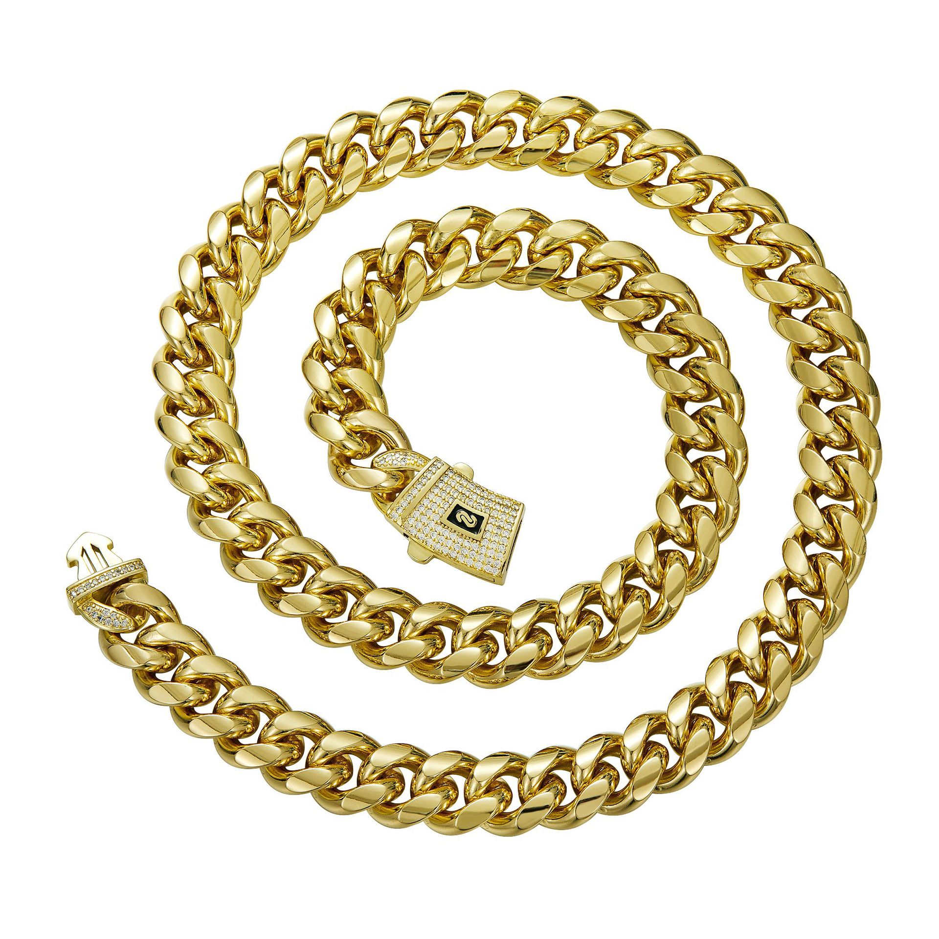 Solid Stainless Steel Hip Hop Miami Cuban Chain Available Sizes 6-14mm, 14K Gold Plated