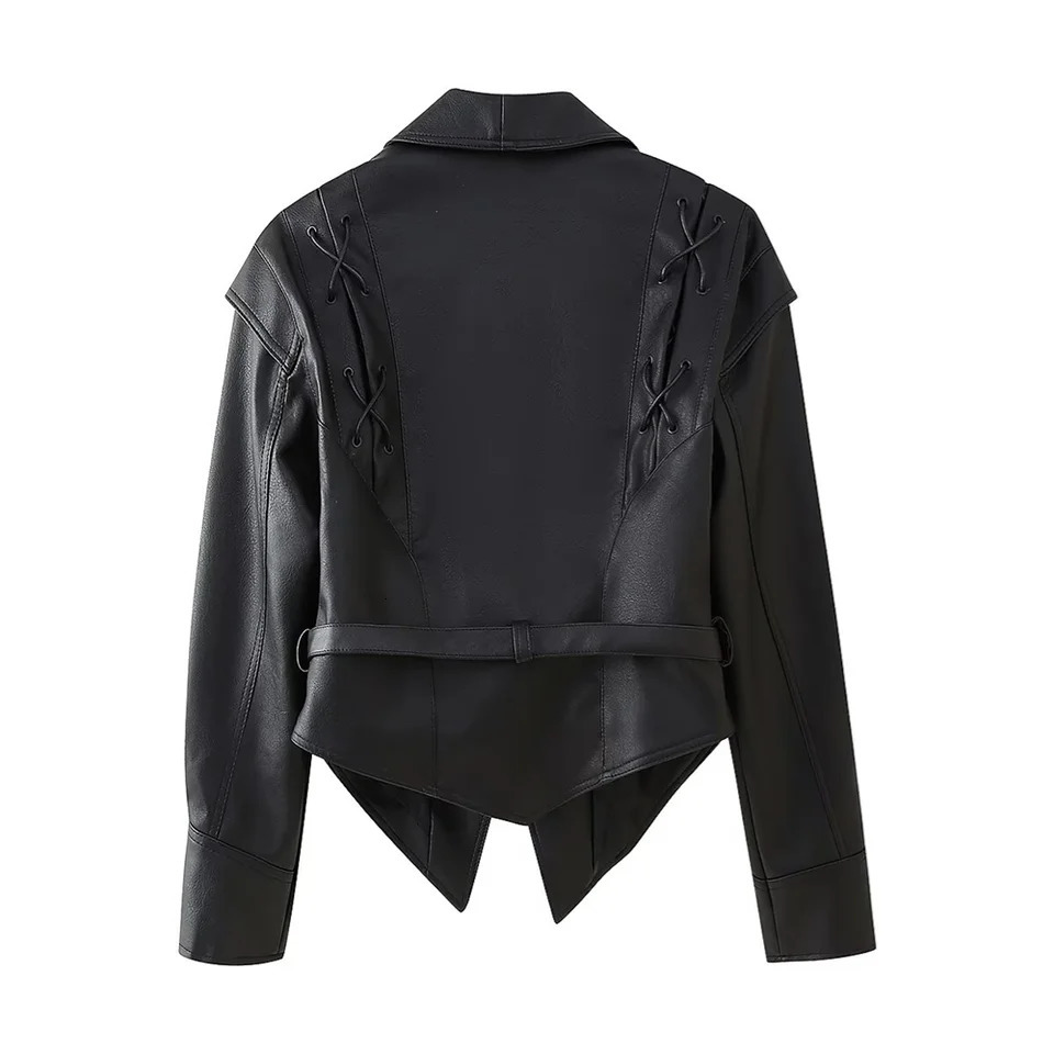 PB ZA autumn womens clothing irregular n with belt temperament waist cinched leather jacket PU short top 241121