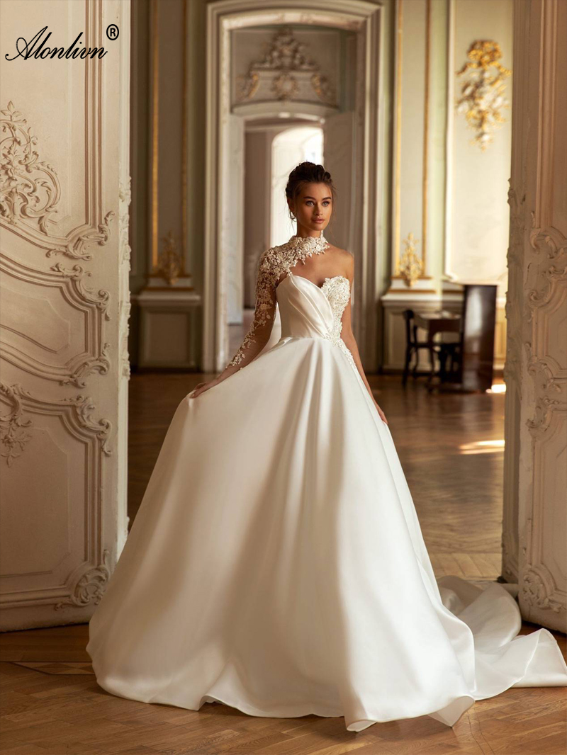 Stunning Satin One Shoulder Sweetheart A-Line Wedding Dress Delicate Beading Pearls Lace One Full Sleeves Bridal Gowns 2024
