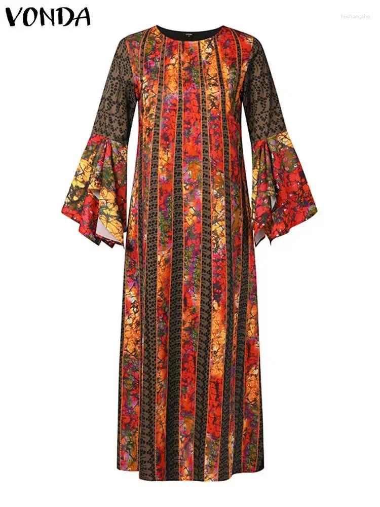 Casual Dresses VONDA Women Summer Party Maxi Dress 2024 Spring Long Flare Sleeve Oversized Vintage Printed Sundress Robe Femme