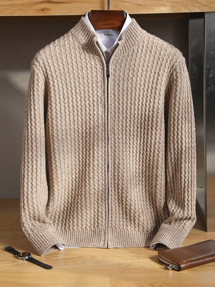 Men's 100% Wool Cardigan - Stand Collar Zipper Jacket, Jacquard Knit, Business Casual, Thick Sweater Coat