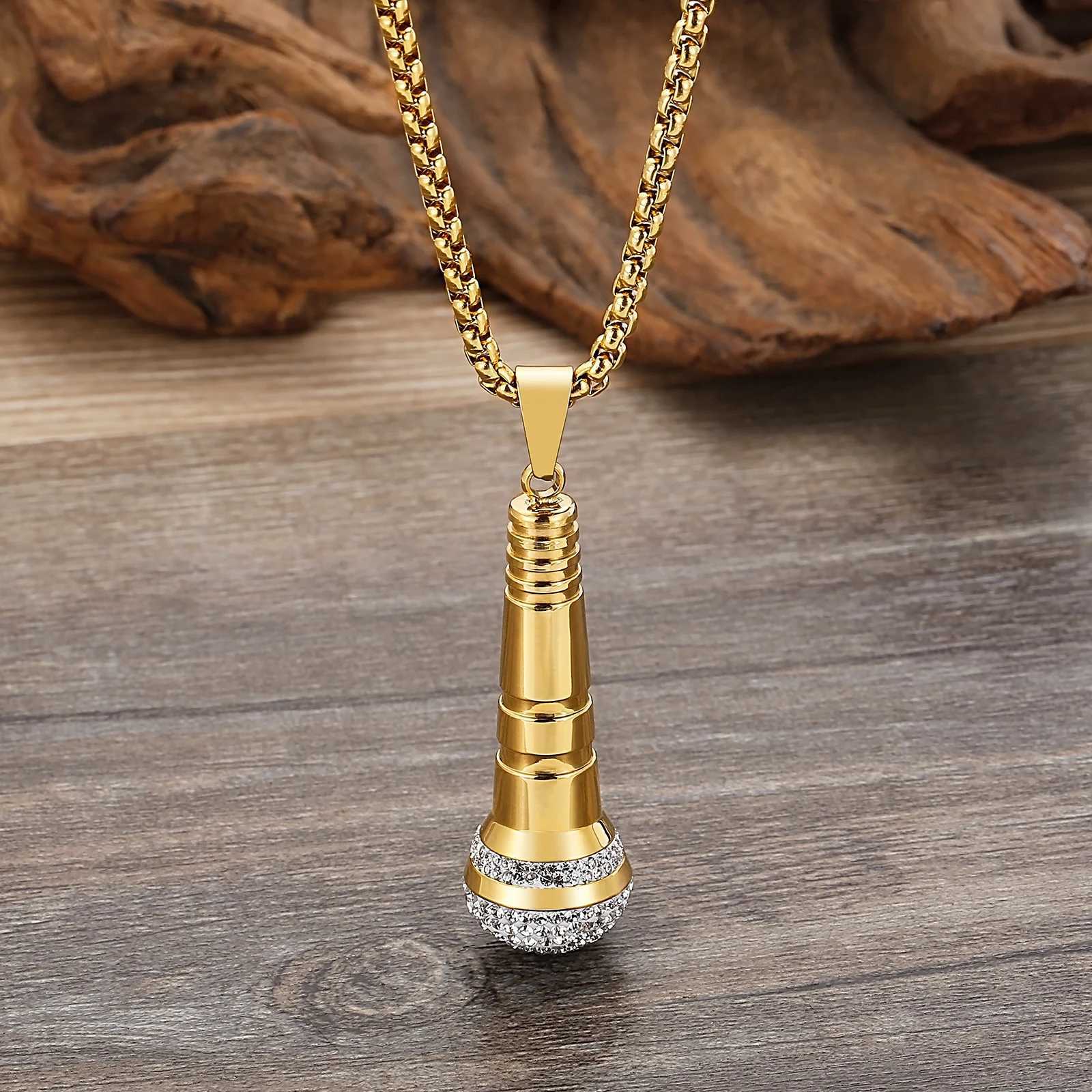 HAOYI Microphone Pendant Necklace Men 18K Gold Color Fashion Hip Hop Rhinestone Hhigh-end Stainl Steel Jewelry Onlyfans GiftX241123