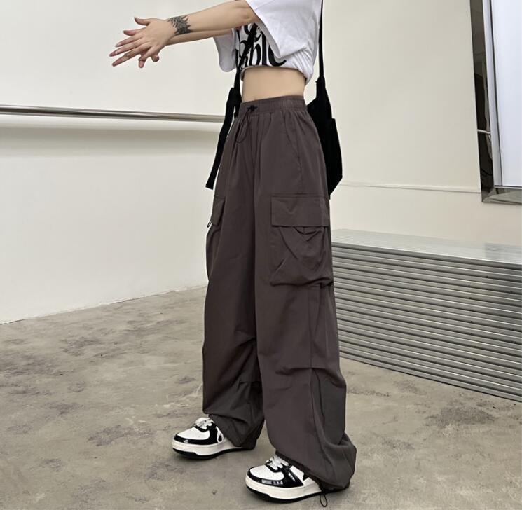 designer pants women Women Big Pockets Cargo Pants Y2k High Elastic Waist Drawstring Baggy Trousers Vintage Casual Loose Side Zipper Straight Pants