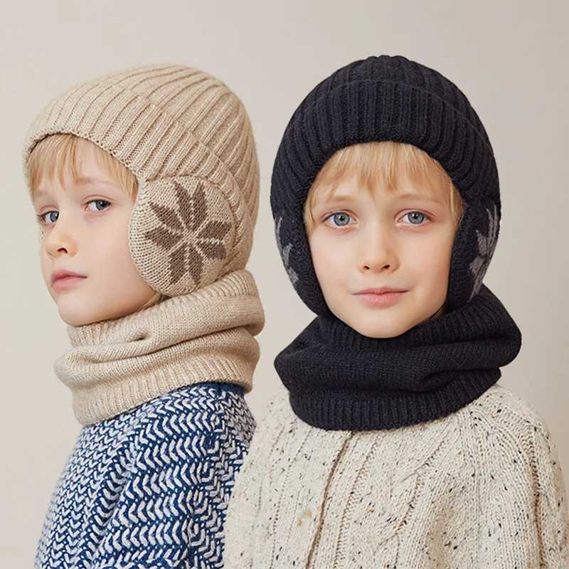 Winter childrens knitted hat scarf 2 pieces childrens hat collar warm skiing childrens Beanie with earrings plush lining childrens hat set 4-10Y W2412