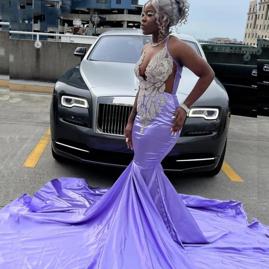 Sexy Lavender Mermaid Prom Dress for Black Girls 2024 Sier Beaded Rhinestones Party Gala Gown Robe De Soiree