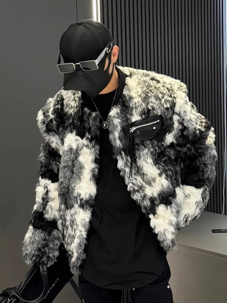 Fashionable mens winter warm padded fur leather jacket with retro print loose fit suitable for parties Donnie jacket patch work pocket bomber jacket 2