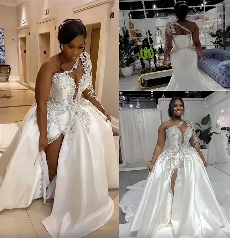 White Wedding Dresses Ivory Bridal Gowns A Line Floor-Length Applique Custom Zipper Lace Up Plus Size New Satin Beaded Long Sleeve Button One-Shoulder