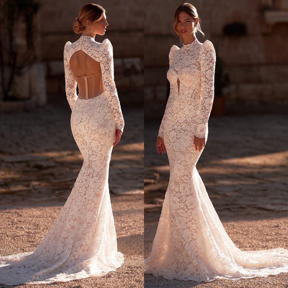 Lace Boho Mermaid Dresses Bridal Gowns High Neck Long Sleeves Wedding Dress Button Hollow Back Sweep Train Robe De Mariee