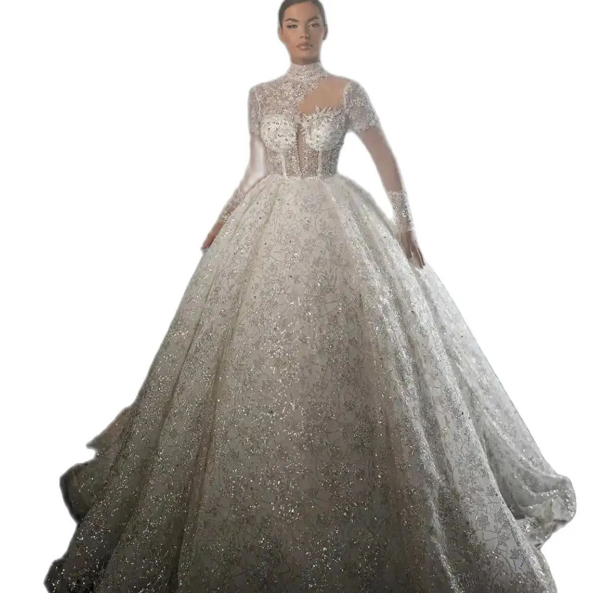 Vintage A-Line Women Wedding Dress High Collar Long Sleeves Bridal Gowns Sequins Crystal Sweep Train Dress Custom Made