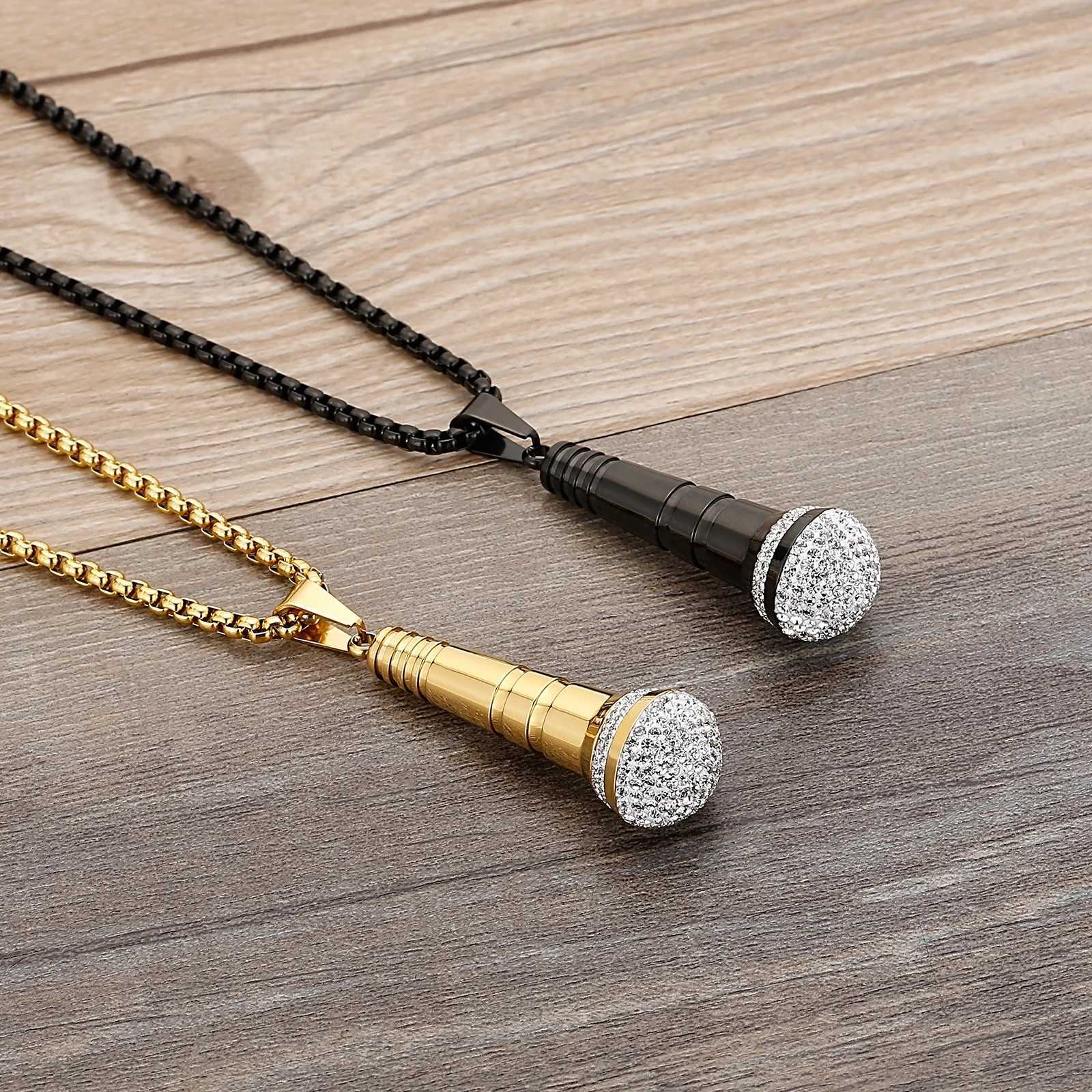 HAOYI Microphone Pendant Necklace Men 18K Gold Color Fashion Hip Hop Rhinestone Hhigh-end Stainl Steel Jewelry Onlyfans GiftX241123